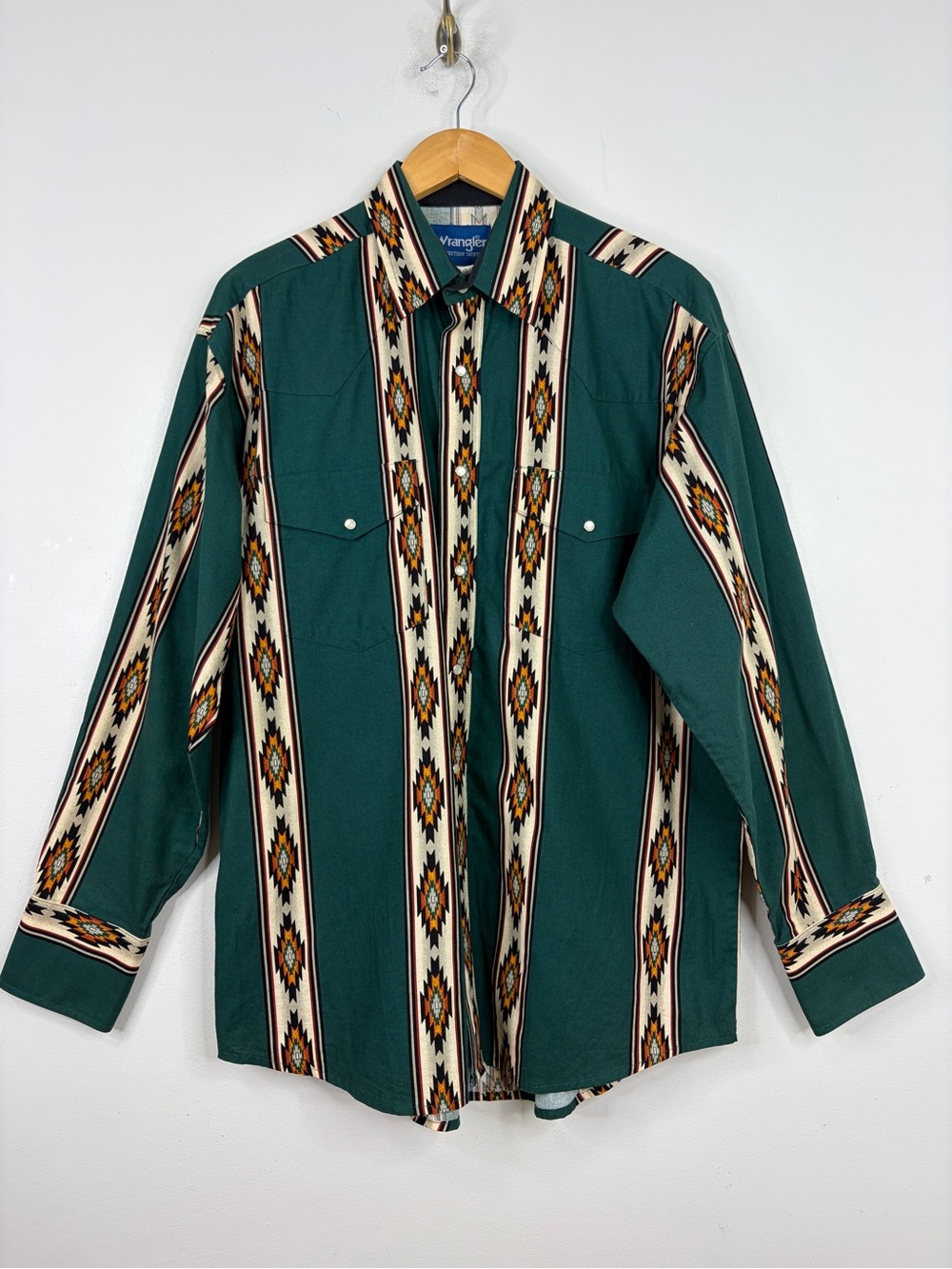 Wrangler Western Shirt Mens Large Green Southwestern Pearl Snap Brushpopper Y2K